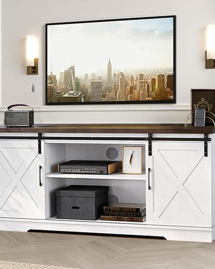 TV Stand for 65 Inch TV, Farmhouse Entertainment Center TV Media Console Table, Tall TV Stand with Storage, Barn Doors and Shelves, White Modern TV Console Cabinet Furniture for Living Room - LeafyLoom