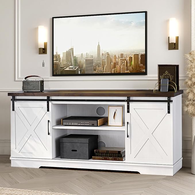 TV Stand for 65 Inch TV, Farmhouse Entertainment Center TV Media Console Table, Tall TV Stand with Storage, Barn Doors and Shelves, White Modern TV Console Cabinet Furniture for Living Room - LeafyLoom