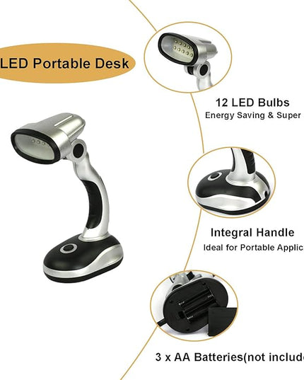 Led Desk Lamp, 12 LED Portable Desk Lamp Powered Battery Table Light, Computer Bedside Table Camping Light, Bright Battery Operated Desk Lamp Work Reading Light (Black Silver) - LeafyLoom