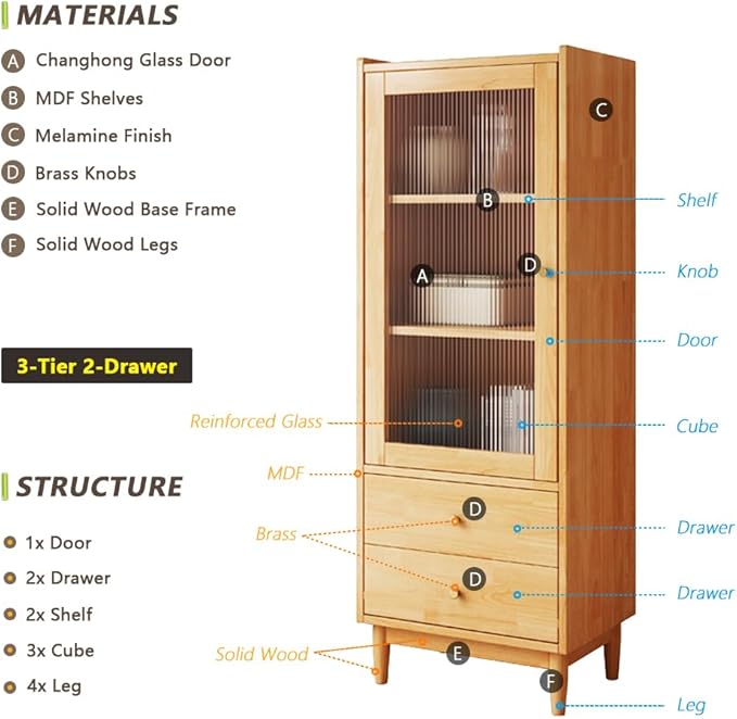 Wooden Glass Door Bookcase - 3-Tier Cube Bookshelf Storage Cabinet with Double Drawer and Adjustable Shelf, Solid Wood Legs Cupboard in Pear Yellow - LeafyLoom