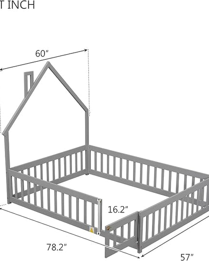 Bellemave Full Size House-Shaped Headboard Floor Bed for Kids, Montessori Floor Bed with Fence and Door,House Bed Twin Frame for Girls,Boys (Gray) - LeafyLoom