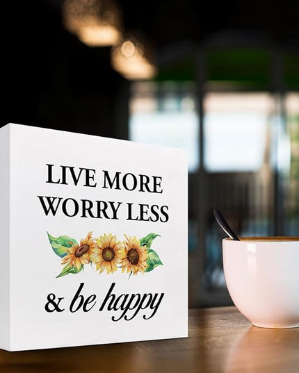 Live More Worry Less and Be Happy Sunflower Wood Block Sign Desk Decor,Rustic Inspirational Wooden Box Plaque Sign Desk Decor for Home Bedroom Living Room Office Shelf Table Decorations - LeafyLoom