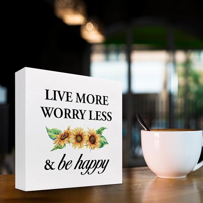 Live More Worry Less and Be Happy Sunflower Wood Block Sign Desk Decor,Rustic Inspirational Wooden Box Plaque Sign Desk Decor for Home Bedroom Living Room Office Shelf Table Decorations - LeafyLoom