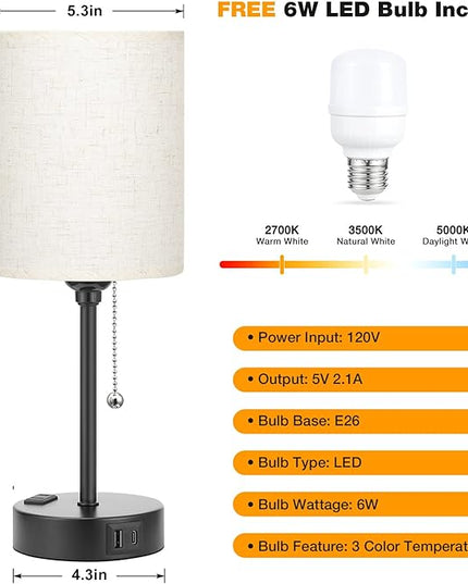 Small Bedside Lamps 3 Color Modes - Off White 2700K 3500K 5000K Bedroom Lamps with USB C and A Ports, Pull Chain Table Lamps with AC Outlet, Nightstand Lamps with Black Metal Base for Kids Reading - LeafyLoom