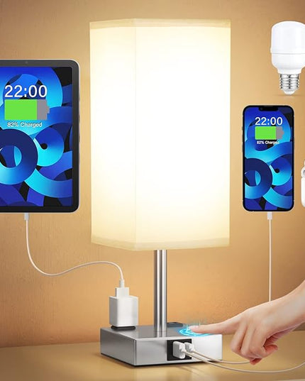 【Upgraded】Bedside Table Lamp Touch Control, with USB C+A Charging Ports & Dual AC Outlets, 3-Way Nightstand Lamp for Bedroom with LampShade Living Room Office(LED Dimmable Bulb Included) - LeafyLoom