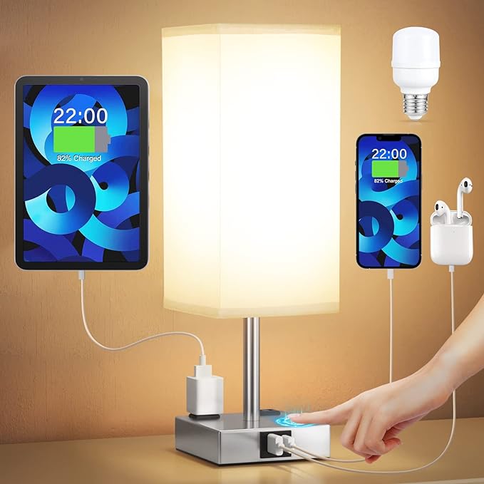 【Upgraded】Bedside Table Lamp Touch Control, with USB C+A Charging Ports & Dual AC Outlets, 3-Way Nightstand Lamp for Bedroom with LampShade Living Room Office(LED Dimmable Bulb Included) - LeafyLoom