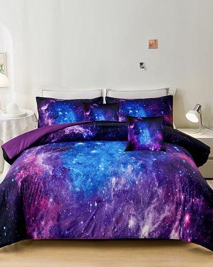 7PCS Purple Comforter Sets Queen,Girls Galaxy Comforter Queen,Girls Bed Sets Queen,Bed in a Bag with Flat Sheet and Fitted Sheet,Pillowcases,Cushions for Girls,Galaxy Bedding Sets - LeafyLoom