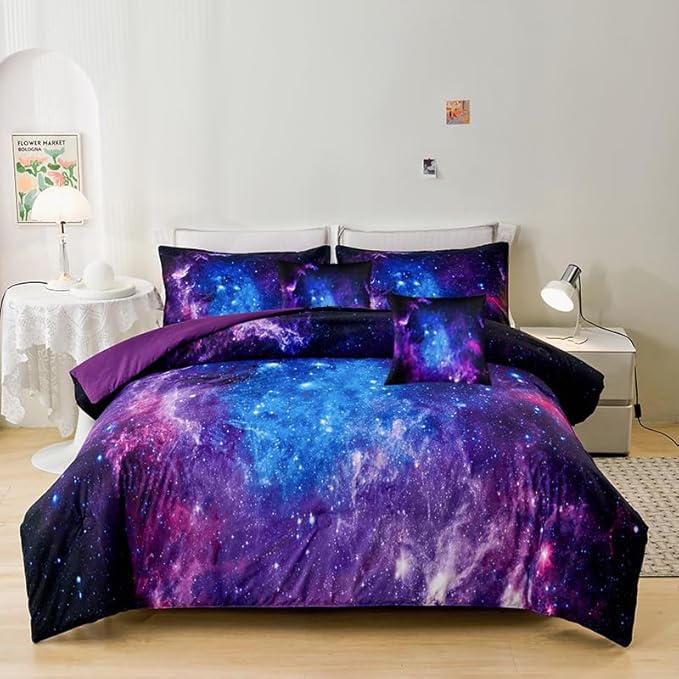 7PCS Purple Comforter Sets Queen,Girls Galaxy Comforter Queen,Girls Bed Sets Queen,Bed in a Bag with Flat Sheet and Fitted Sheet,Pillowcases,Cushions for Girls,Galaxy Bedding Sets - LeafyLoom