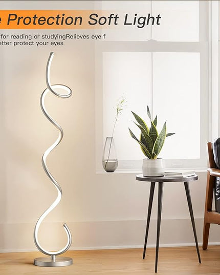 Modern Floor Lamps for Living Room, LED 53" Tall 30W Silver Spiral Corner Floor Lamp with Remote, 3 Color Temperature, Stepless Dimmable, Bright Standing Lamp for Bedroom Home Office Deco - LeafyLoom