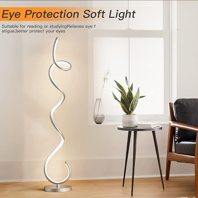Modern Floor Lamps for Living Room, LED 53" Tall 30W Silver Spiral Corner Floor Lamp with Remote, 3 Color Temperature, Stepless Dimmable, Bright Standing Lamp for Bedroom Home Office Deco - LeafyLoom
