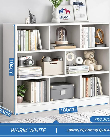 IOTXY Open Shelf Low Bookcase - Wooden 3-Tier Floor Standing Display Cabinet Organizer with Base, 8 Cubes Short Horizontal Bookshelf in Warm White - LeafyLoom