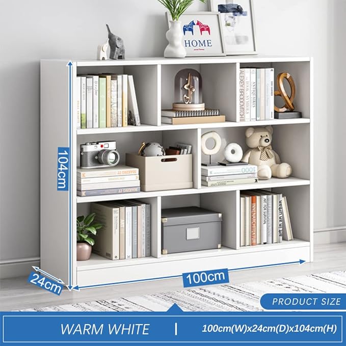 IOTXY Open Shelf Low Bookcase - Wooden 3-Tier Floor Standing Display Cabinet Organizer with Base, 8 Cubes Short Horizontal Bookshelf in Warm White - LeafyLoom