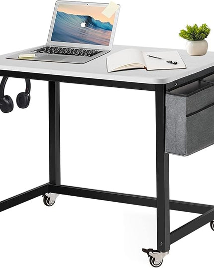 AHB Rolling Computer Desk with 4 Smooth Wheels, Simple Style Mobile Writing Desk Home Office Study Table Movable Workstation with Metal Frame (White, 32") - LeafyLoom