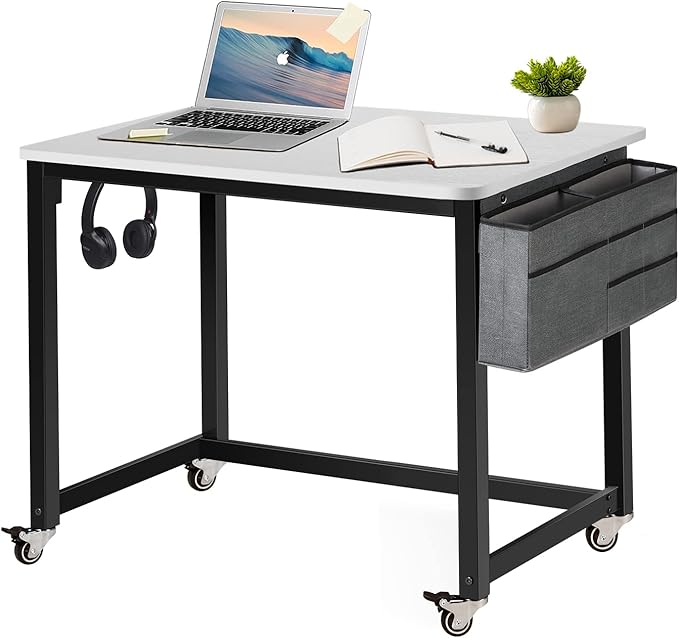 AHB Rolling Computer Desk with 4 Smooth Wheels, Simple Style Mobile Writing Desk Home Office Study Table Movable Workstation with Metal Frame (White, 32") - LeafyLoom