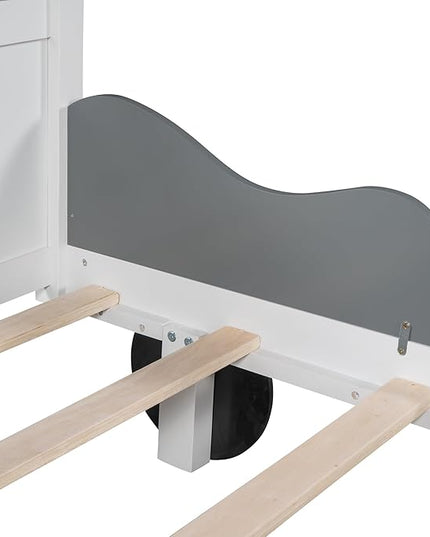Twin Size Car-Shaped Platform Bed with 2 Storage Shelf,Kids Cars Beds W/Wheels,Slats Support,Saving Space,Easy Assembly,Wood Car Bedframe for Boys Toddlers Teens Bedroom,White - LeafyLoom