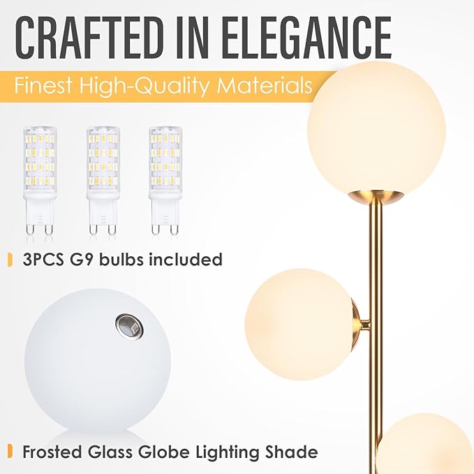 3 Globe Vintage Floor Lamp - 3 Color Options Moderm Floor Lamps for Living Room, Mid Century Standing lamp Home Decor for Bedrooms Office(Gold-Black, LED Bulbs Included) - LeafyLoom
