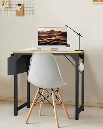SMUG Computer Desk 32 Inch Home Office Writing Wood Storage Bag & Headphone Hook Small Spaces Simple Bedroom Work Study Kids Table, Natural - LeafyLoom