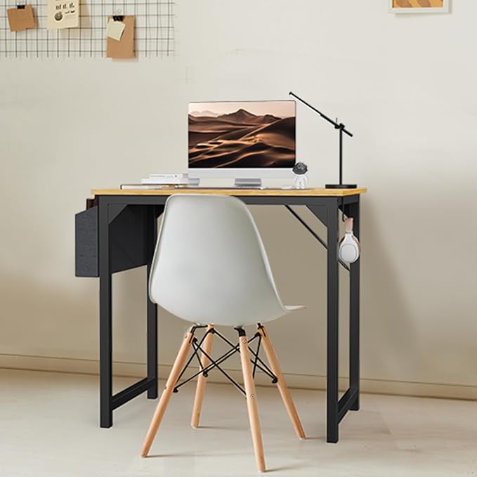 SMUG Computer Desk 32 Inch Home Office Writing Wood Storage Bag & Headphone Hook Small Spaces Simple Bedroom Work Study Kids Table, Natural - LeafyLoom