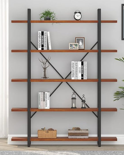 HSH Solid Wood 5 Shelf Bookshelf, Industrial Real Natural Wood Tall Etagere Bookcase, Modern Large Open Wide Big Metal Book Shelf with 5 tier Storage for Bedroom Living Room Home Office, Rustic Brown - LeafyLoom