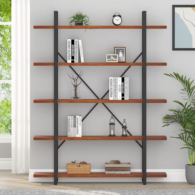 HSH Solid Wood 5 Shelf Bookshelf, Industrial Real Natural Wood Tall Etagere Bookcase, Modern Large Open Wide Big Metal Book Shelf with 5 tier Storage for Bedroom Living Room Home Office, Rustic Brown - LeafyLoom