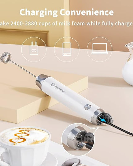 Maestri House Rechargeable Milk Frother with Stand, Handheld Electric Foam Maker Waterproof Detachable Stainless Steel Whisk Drink Mixer Foamer for Lattes, Cappuccino - LeafyLoom