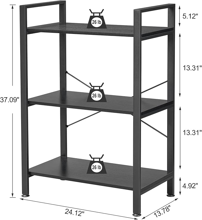 BEWISHOME 3 Tier Bookshelf, Modern Small Book Shelf for Small Spaces, Black Wooden Shelves for Bedroom Living Room and Home Office, 13.78" D x 24.12" W x 37.09" H, JCJ42B - LeafyLoom