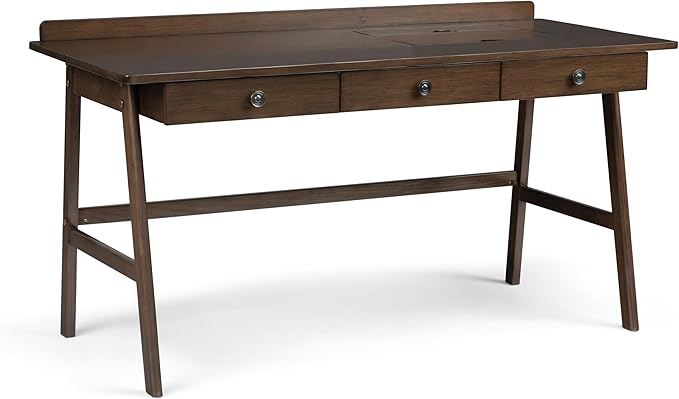 SIMPLIHOME Rylie SOLID WOOD 60 inch Wide Home Office Desk, Writing Table, Workstation, Study Table Furniture in Natural Aged Brown with 3 Drawers - LeafyLoom