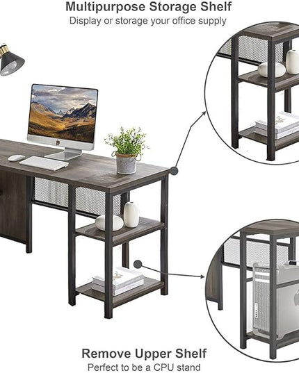 FATORRI L Shaped Computer Desk, Industrial Home Office Desk with Shelves, Reversible Wood and Metal Corner Desk (Walnut Brown, 59 Inch) - LeafyLoom