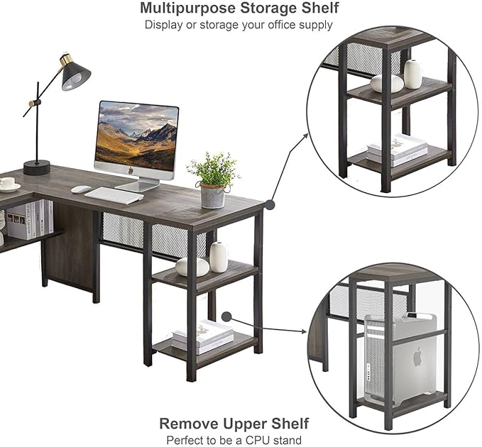 FATORRI L Shaped Computer Desk, Industrial Home Office Desk with Shelves, Reversible Wood and Metal Corner Desk (Walnut Brown, 59 Inch) - LeafyLoom