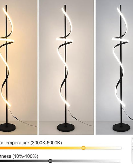 Modern Spiral Floor Lamp with Remote Control, 48W LED Floor Lamps for Living Room, 3 Colors Dimmable Tall Standing Lamp for Living Room, 60'' Modern Floor lamp for Bedroom Black - LeafyLoom