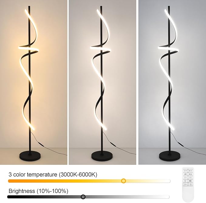 Modern Spiral Floor Lamp with Remote Control, 48W LED Floor Lamps for Living Room, 3 Colors Dimmable Tall Standing Lamp for Living Room, 60'' Modern Floor lamp for Bedroom Black - LeafyLoom