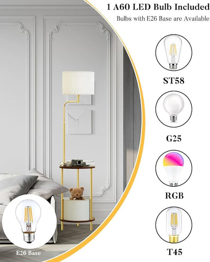 Lightdot 57IN Floor Lamp with Shelves, Mid Century Modern Standing Lamps with Bulb and Storage Bag Included, Gold Pole End Table with Lamp Attached for Living Room Bedroom - LeafyLoom