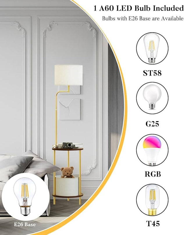 Lightdot 57IN Floor Lamp with Shelves, Mid Century Modern Standing Lamps with Bulb and Storage Bag Included, Gold Pole End Table with Lamp Attached for Living Room Bedroom - LeafyLoom