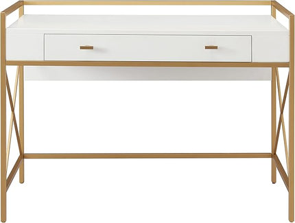 Leick Home Claudette Mixed Metal and Wood Flat Wall Computer Office Writing Desk with Drop Front Keyboard Drawer, White/Satin Gold, 32.13" W - LeafyLoom