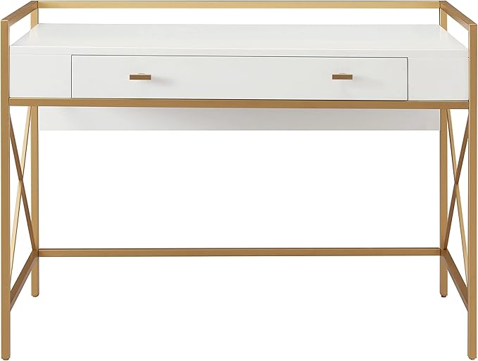Leick Home Claudette Mixed Metal and Wood Flat Wall Computer Office Writing Desk with Drop Front Keyboard Drawer, White/Satin Gold, 32.13" W - LeafyLoom