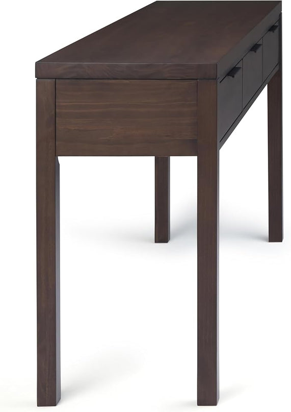 SIMPLIHOME Hollander SOLID WOOD 60 inch Wide Wide Console Sofa Entryway Table in Warm Walnut Brown with Storage, 3 Drawers , for the Living Room, Entryway and Bedroom - LeafyLoom