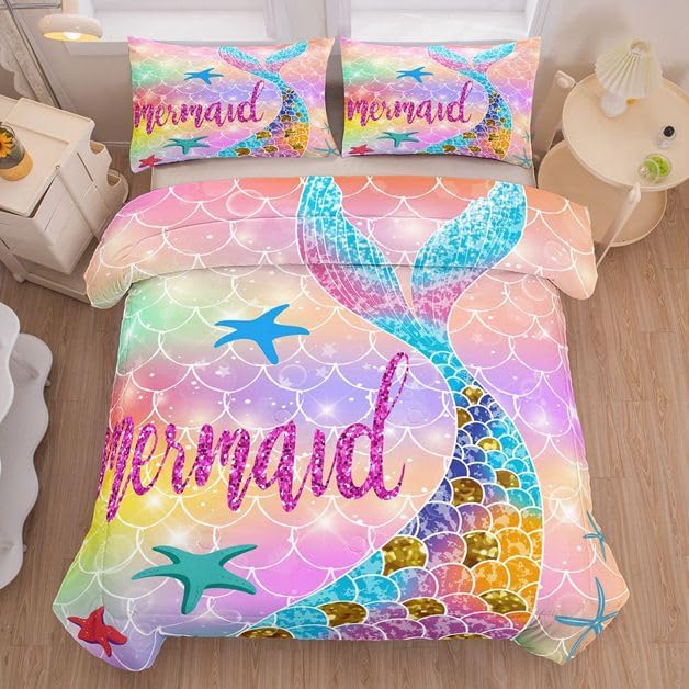 NINENINE Mermaid Comforter Set,Queen Size Princess Bedding Sets for Girls,Glitter Comforter Sets for Girls,Kids Colorful Fish Bedding Sets with 1 Comforter 2Pillowcases… - LeafyLoom