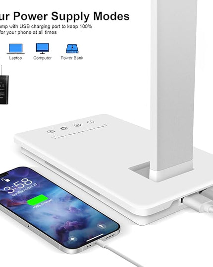 Desk Lamp Dimmable Table Lamp Foldable Reading Lamp Double Swing Arm Desk Light with USB Charging Port,5 Light Modes, Touch Control, Auto-Off Timer, Eye-Caring Led Desk Lamp (Silver) - LeafyLoom