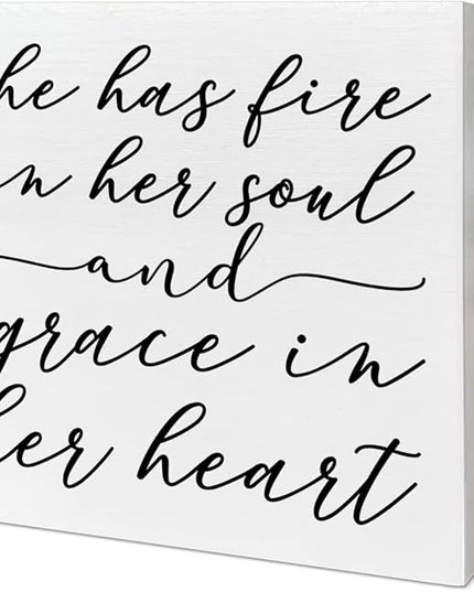 Home Office Desk Wooden Box Sign Decor, Fire in Her Soul and Grace in Her Heart, Inspirational Quotes Desk Decor Motivational Desk Decorations for Women Girls Teens Student Office Classroom School - LeafyLoom