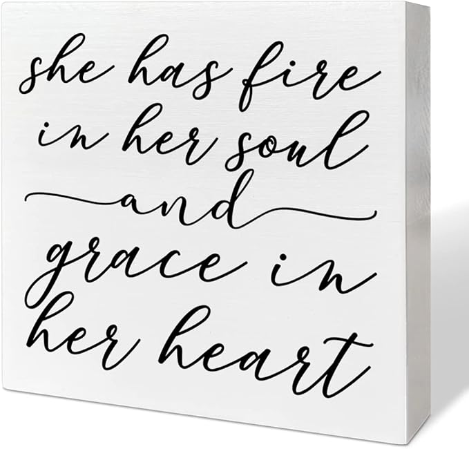 Home Office Desk Wooden Box Sign Decor, Fire in Her Soul and Grace in Her Heart, Inspirational Quotes Desk Decor Motivational Desk Decorations for Women Girls Teens Student Office Classroom School - LeafyLoom