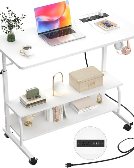 Height Adjustable Standing Desk with Power Outlets, 32" Manual Stand Up Desk with Storage Shelves Small Mobile Rolling Computer Desk Portable Laptop Table with Wheels for Home Office, White - LeafyLoom