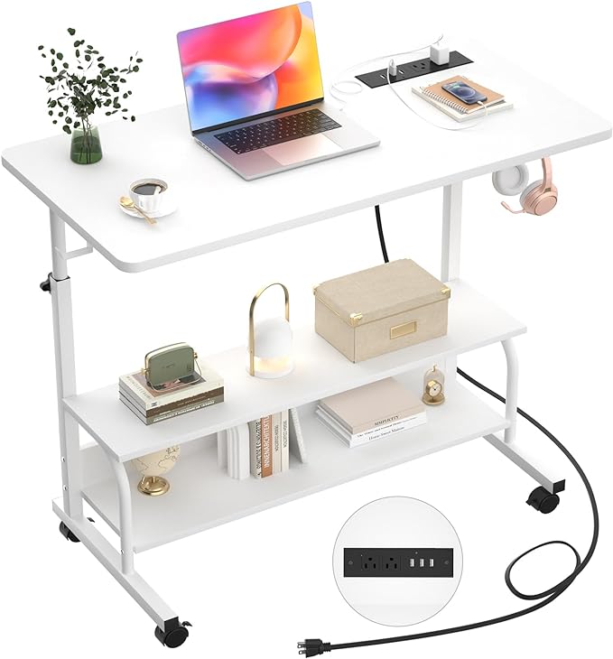 Height Adjustable Standing Desk with Power Outlets, 32" Manual Stand Up Desk with Storage Shelves Small Mobile Rolling Computer Desk Portable Laptop Table with Wheels for Home Office, White - LeafyLoom