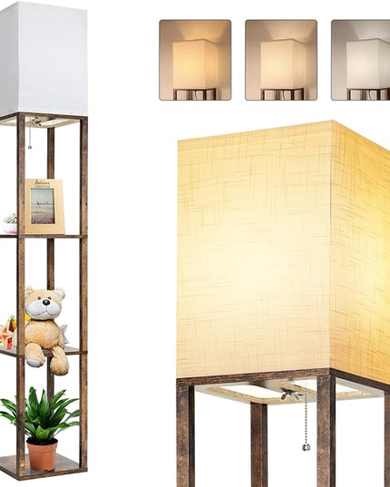 Dott Arts Floor Lamp with Shelves, 3 Color Temperature LED Bulb, Wood Texture, Storage, Brown - LeafyLoom