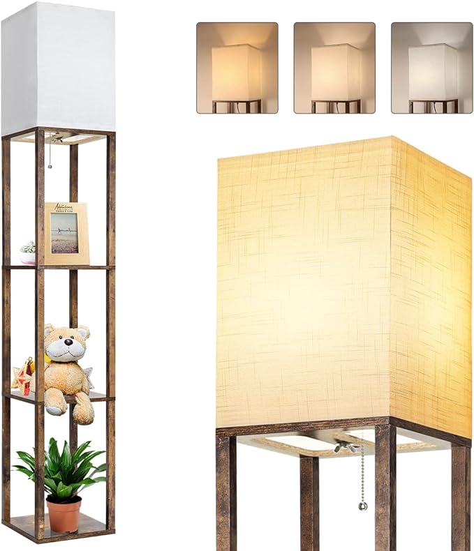 Dott Arts Floor Lamp with Shelves, 3 Color Temperature LED Bulb, Wood Texture, Storage, Brown - LeafyLoom