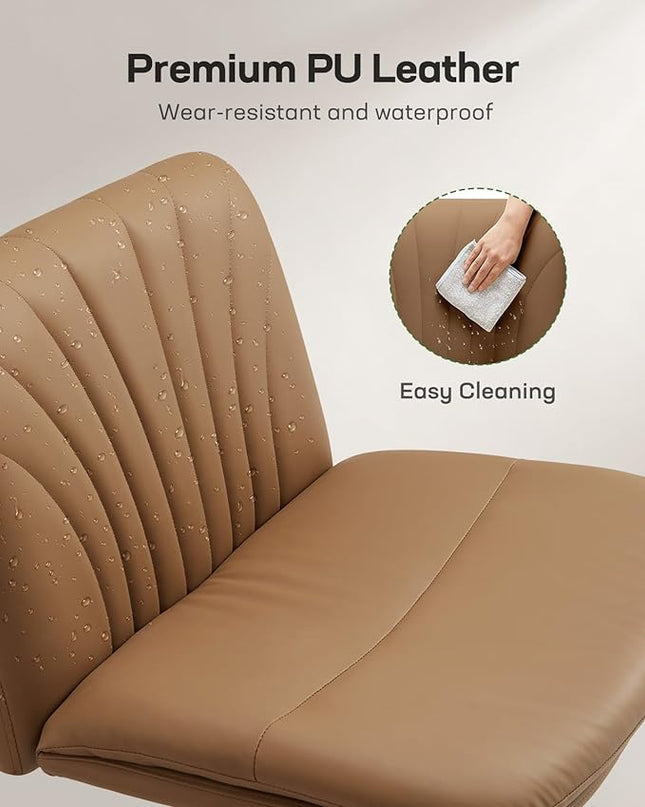 Marsail Armless-Office Desk Chair with Wheels: PU Leather Cross Legged Wide Chair,Comfortable Adjustable Swivel Computer Task Chairs for Home,Office,Make Up,Small Space,Bed Room, Brown - LeafyLoom