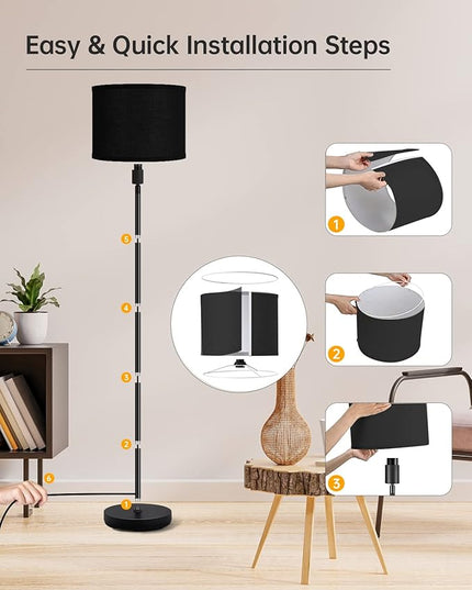 BoostArea Boho Floor Lamp, Black Metal, 58-Inch Tall, LED Bulb Included, Easy Assembly, Energy-Saving, 3 Dimming Levels, Premium Black Lampshade, Foot Switch, Compatible with Smart Devices - LeafyLoom