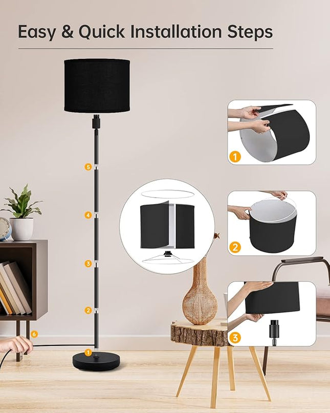 BoostArea Boho Floor Lamp, Black Metal, 58-Inch Tall, LED Bulb Included, Easy Assembly, Energy-Saving, 3 Dimming Levels, Premium Black Lampshade, Foot Switch, Compatible with Smart Devices - LeafyLoom