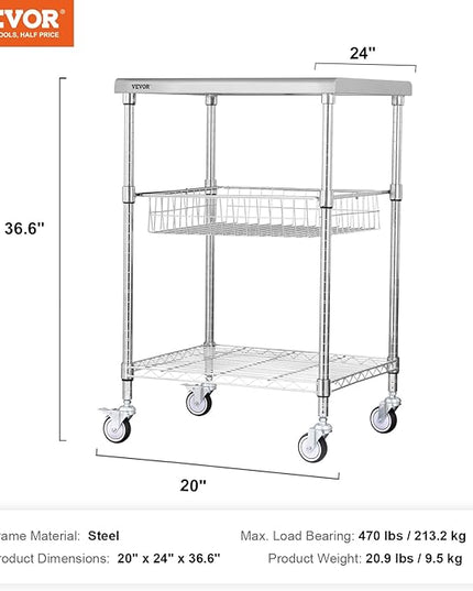 VEVOR Kitchen Utility Cart, 36.6"x20"x24" 3 Tiers Wire Rolling Cart, 470LBS Capacity Steel Service Cart with Brake Wheels, Storage Trolley with 76mm Basket PP Liner 6 Hooks, for Indoor & Outdoor Use - LeafyLoom