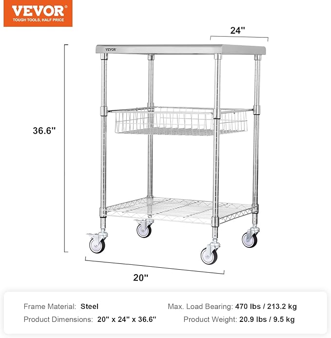 VEVOR Kitchen Utility Cart, 36.6"x20"x24" 3 Tiers Wire Rolling Cart, 470LBS Capacity Steel Service Cart with Brake Wheels, Storage Trolley with 76mm Basket PP Liner 6 Hooks, for Indoor & Outdoor Use - LeafyLoom
