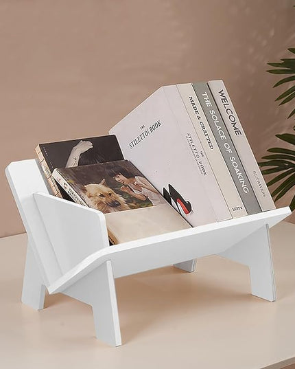 Wood Bookcase in Living Room/Home/Office, Desktop Book Shelf Organizer Bookshelves Storage Rack for CDs/Magazine/Books Display (White, 13.6") - LeafyLoom
